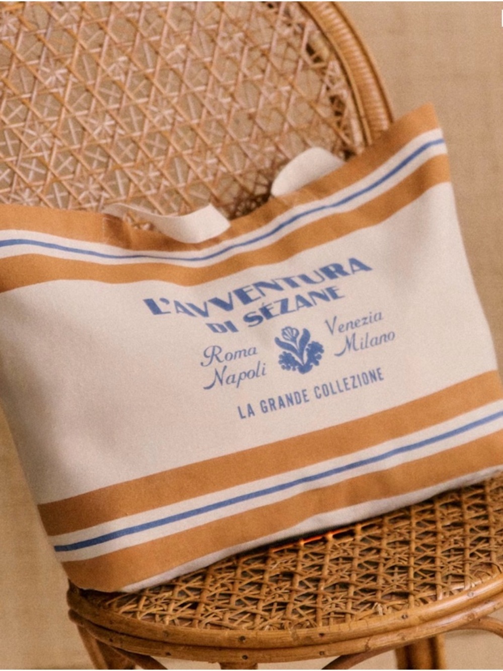 Sezane Cream & Tan Canvas Tote with Blue Logo